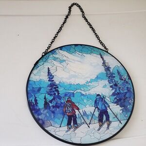 Vintage Style Round Skiing Suncatcher Stained Glass Look Mountain Decor 10 inch